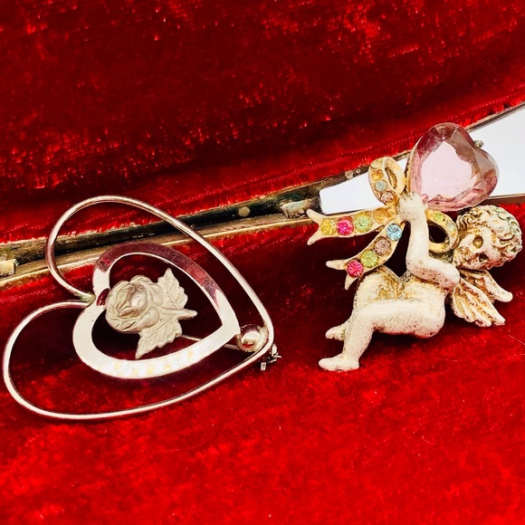 Vintage Nouveau Cherub Heart Rhinestone Angel Brooch & Sterling Heart Brooch - Picture 9 of 9